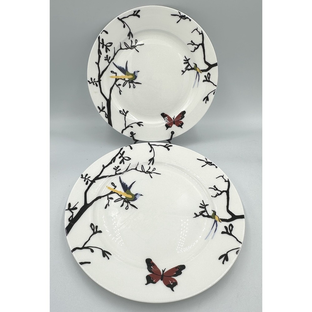 (2) Roscher Bone China 8 in Salad Plates Birds Butterflies Black Branches White‎